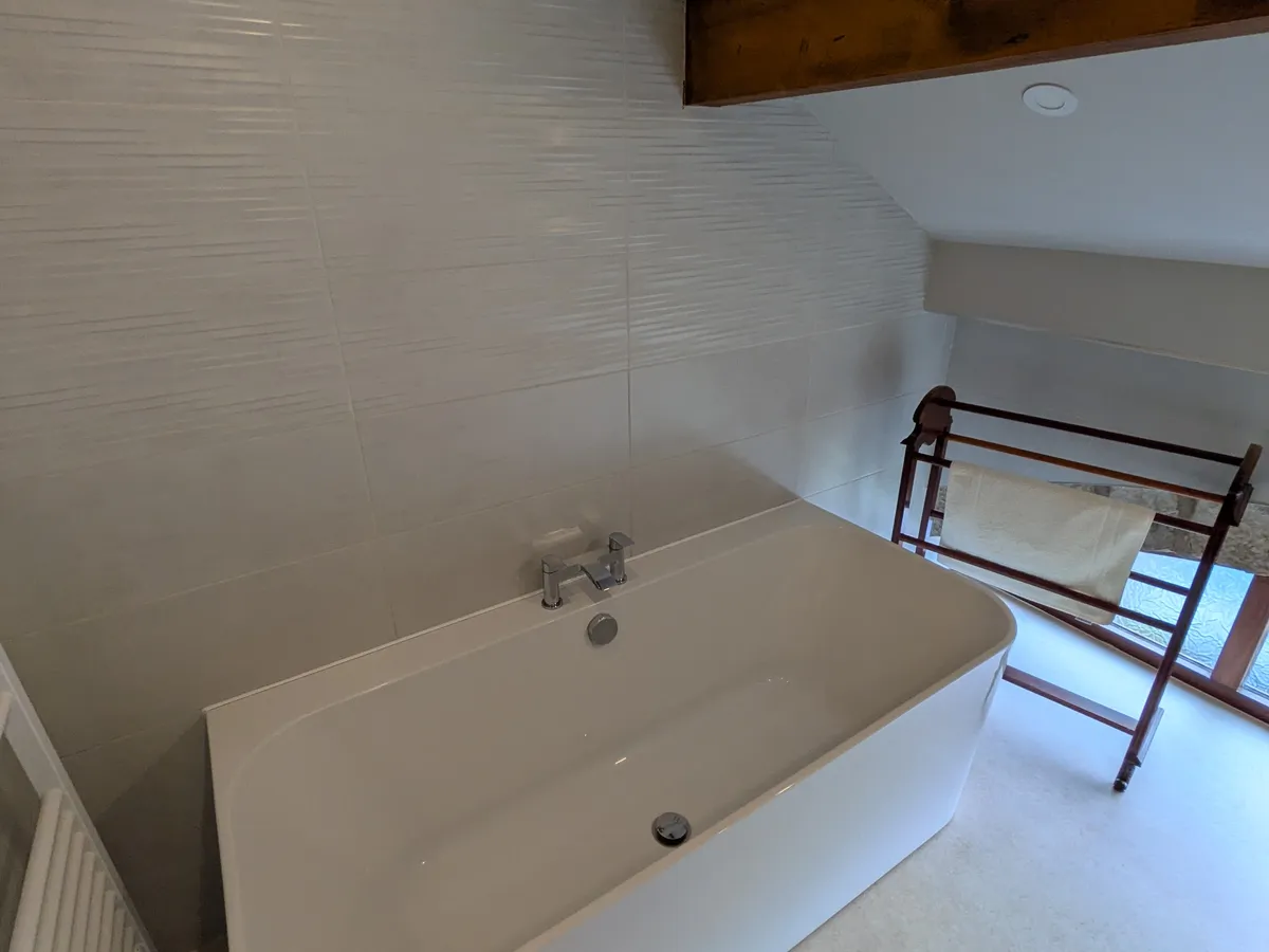 Master bathroom — freestanding bath beneath a vaulted ceiling
